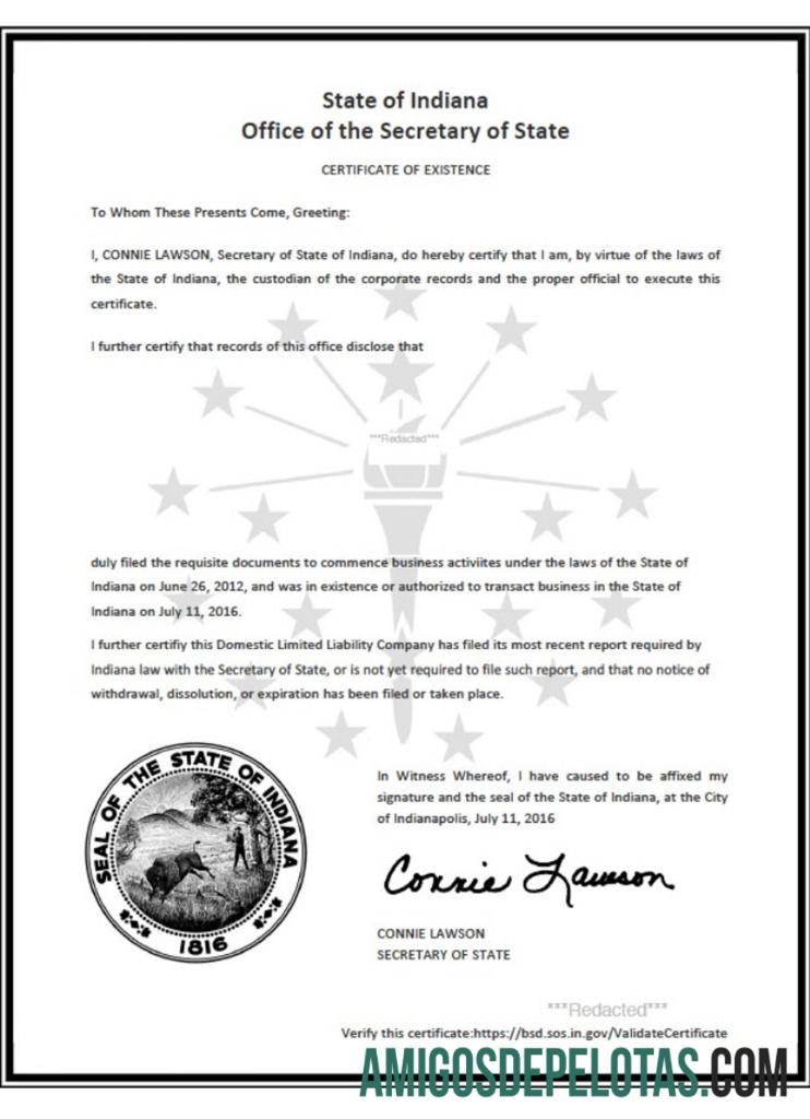 USA Indiana Certificate Of Good Standing modelo
